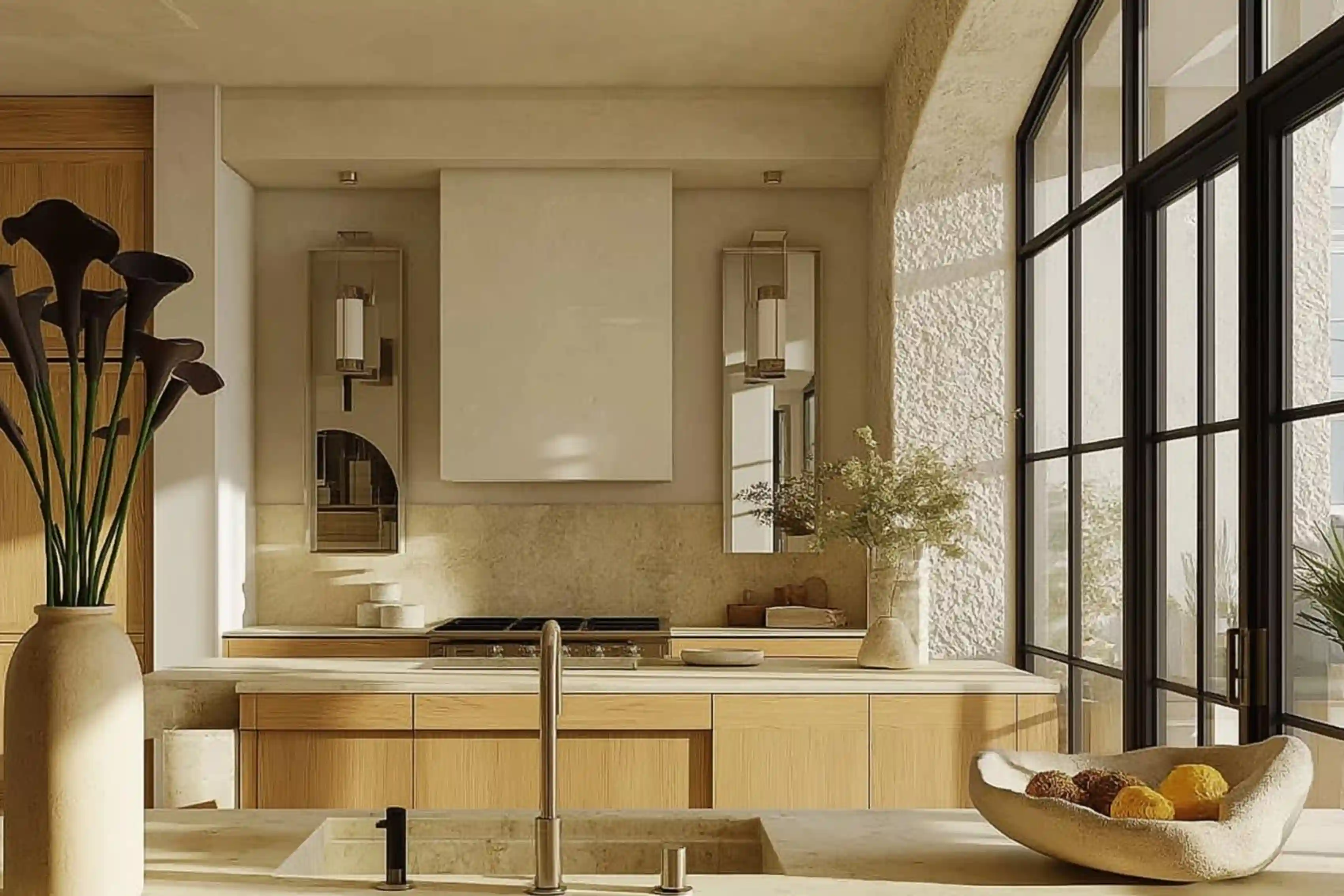 The Terra Residence - Minimalist kitchen featuring a plaster range hood and black steel frame windows - Ai Spaces LLC.webp